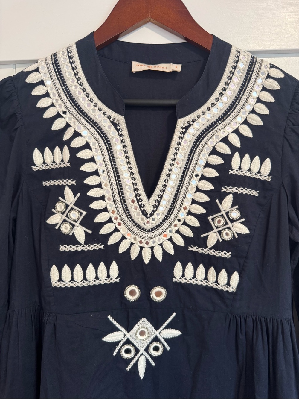 Tory Burch Keegan Navy Embroidered Mirrorwork Maxi Dress Size 6